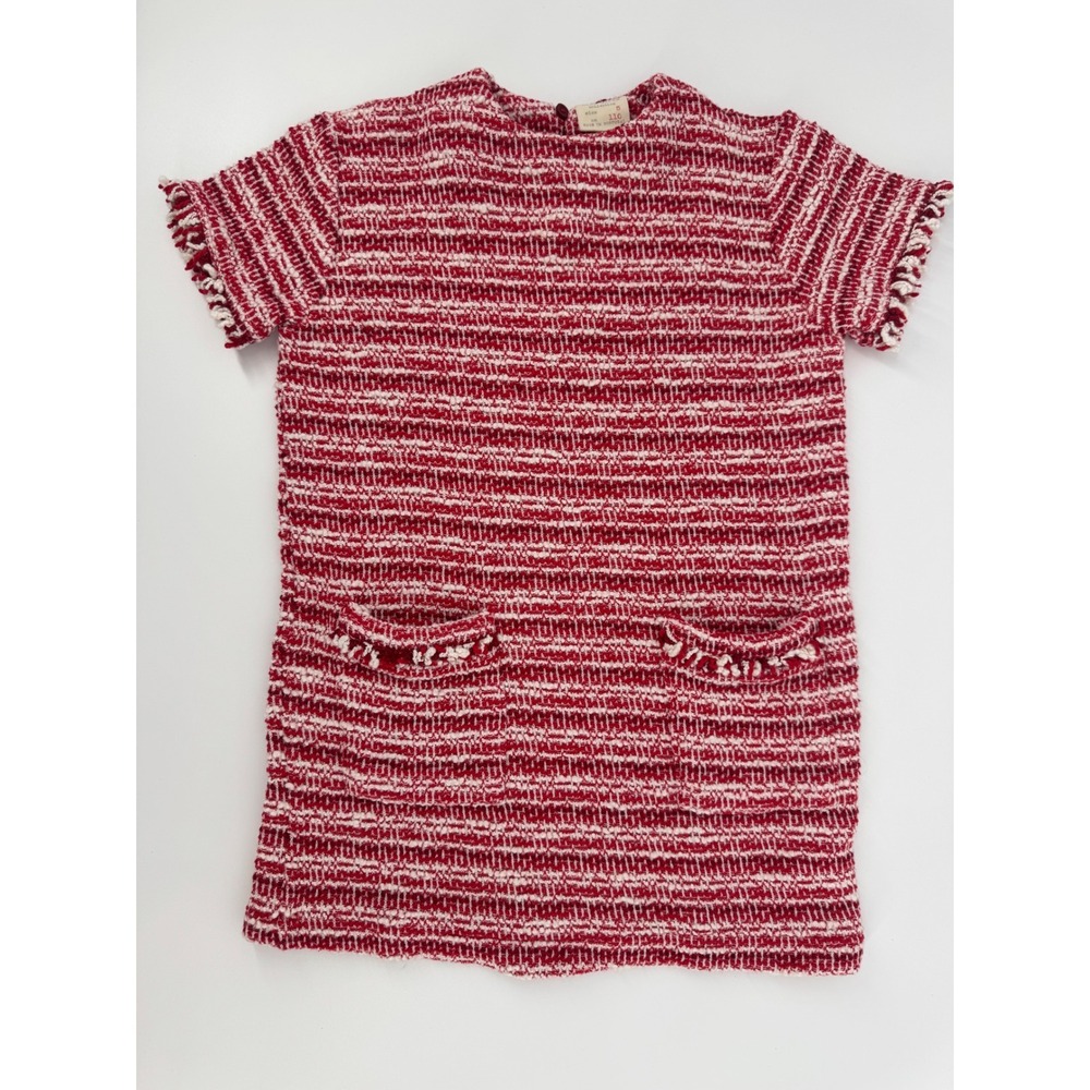 Zara Girls Red‎ White Tweed Dress Short Sleeve Fringe Pockets Size 5